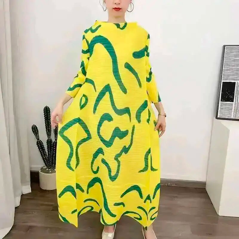 LANMREM Color Block Pleated Dress Women Loose Style Long Length Fashion Dresses Festival Clothes 2024 Spring Summer New 2DA1028