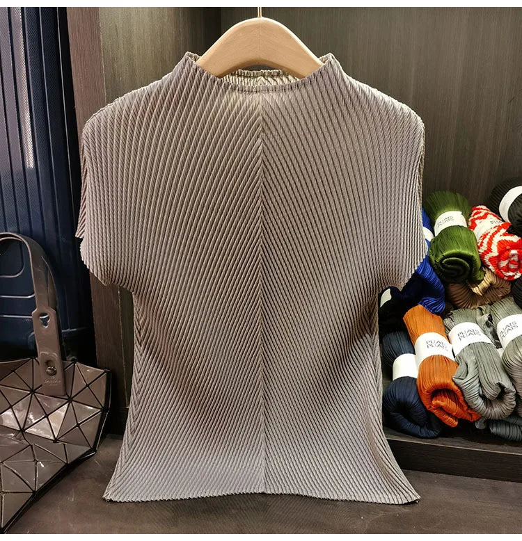 LANMREM Stand Collar Dragon Scale Pleated T-shirt High-end Versatile Slimming Short Sleeved Women's Summer Pullover Tops 2DB3044