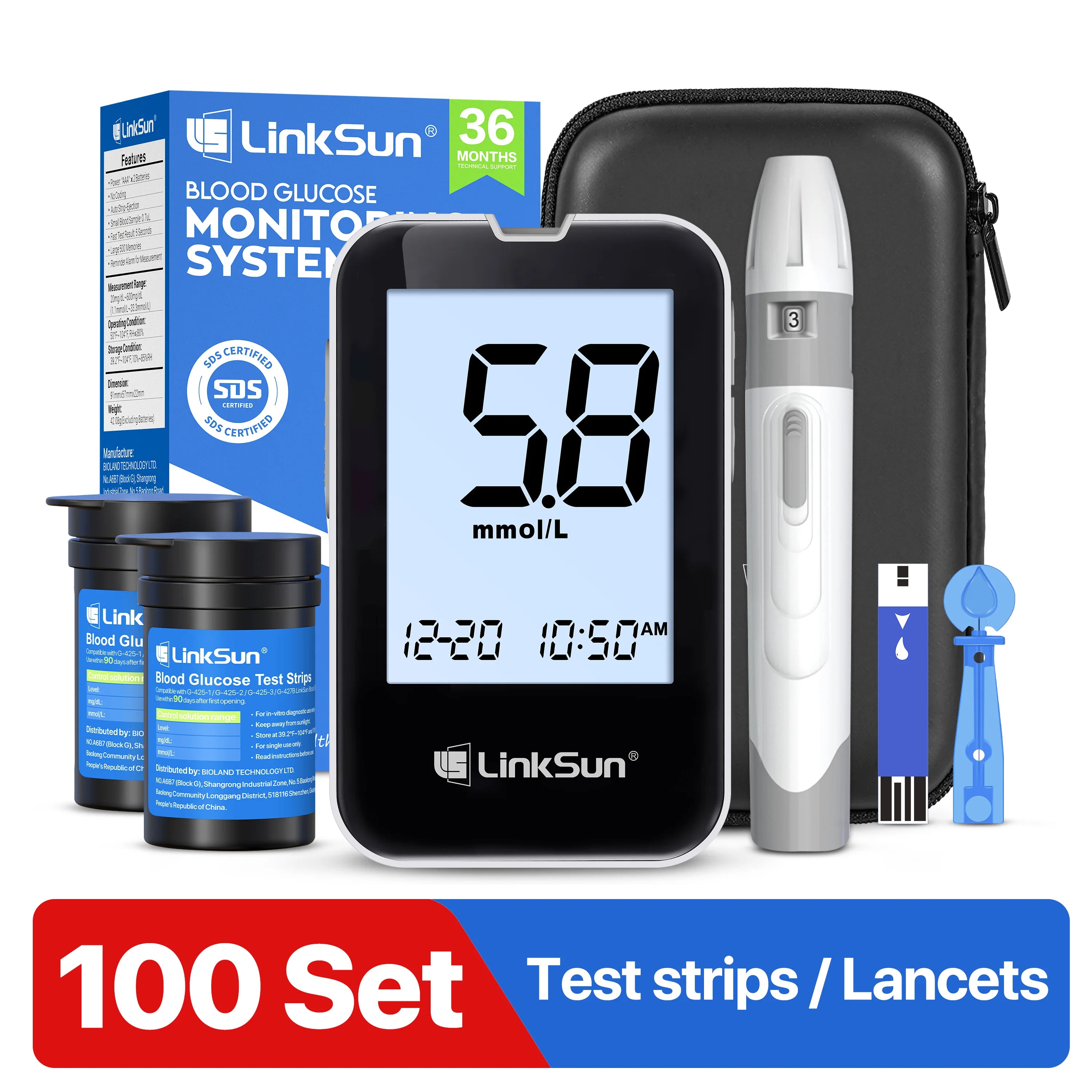 LinkSun G-425-3 Lecteur de glycémie Glucomètre Kit complet médical pour diabète Moniteur de glycémie Bandelettes de test de glucose