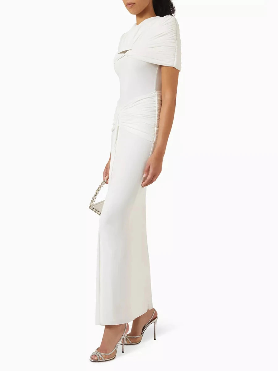 VGH Elegant Light Luxury Maxi Dress for Women Cape Sleeve Cutout Twist Waist Long Gown for Celebrity Formal Dinner Party Outfit