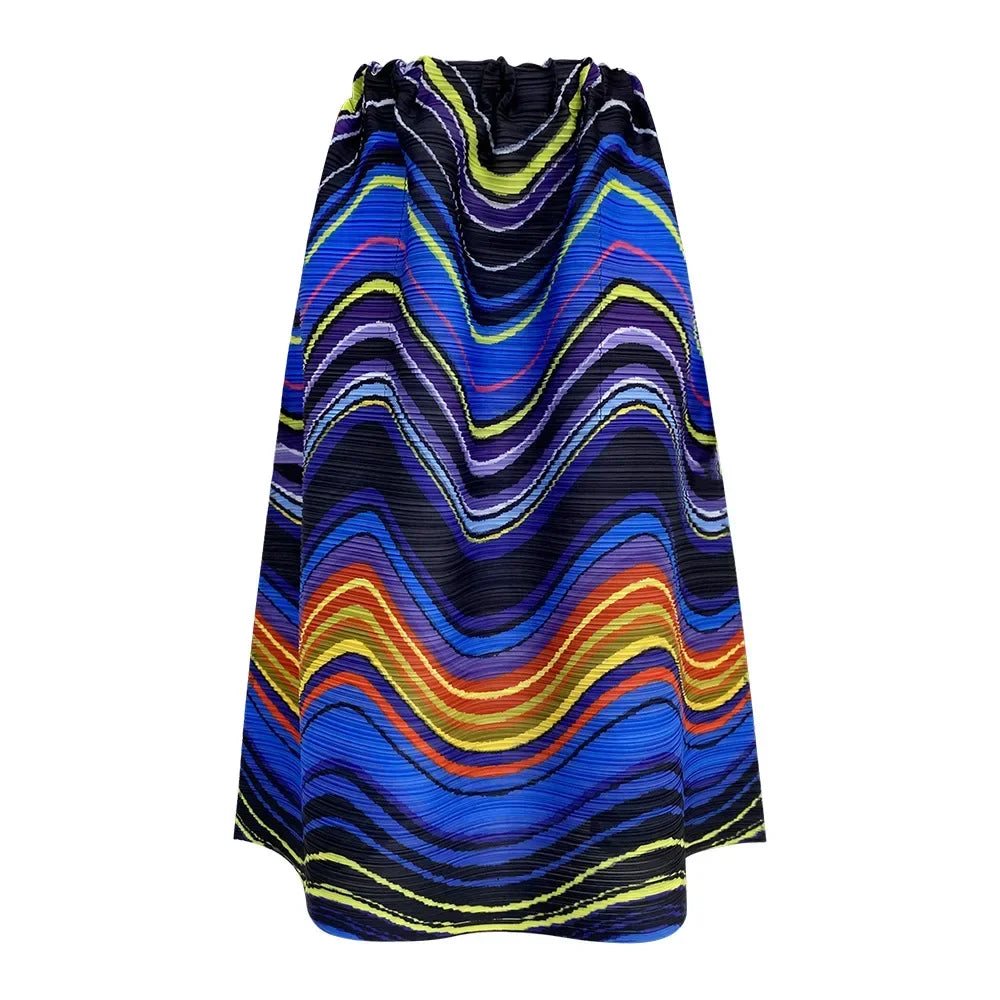 2025 Spring New Women's 2 Piece Set Miyake Pleated Top Fashion Stripe Age Reducing Suit Fashionable Matching Printed Half Skirt