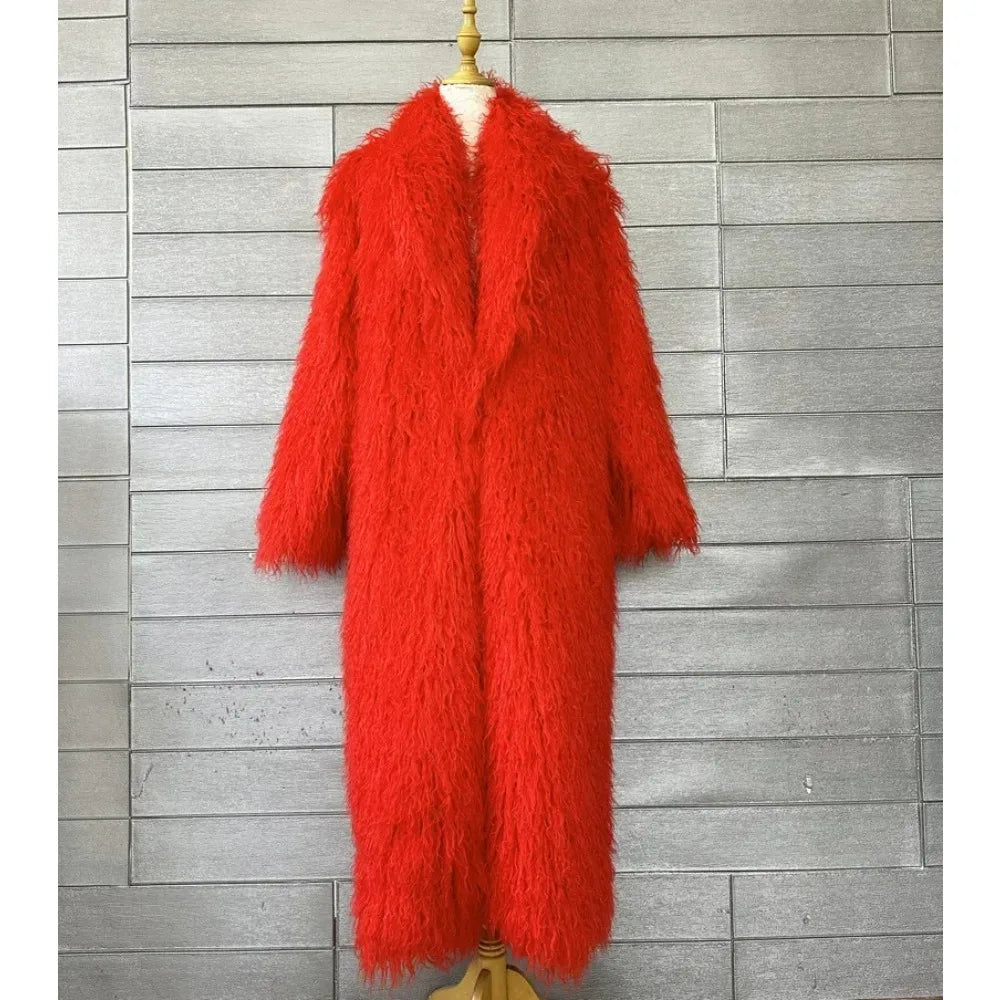 Veste en fausse fourrure femme, manteau long épais et duveteux pour l'hiver, shaggy, ouvert, col rabattu, streetwear