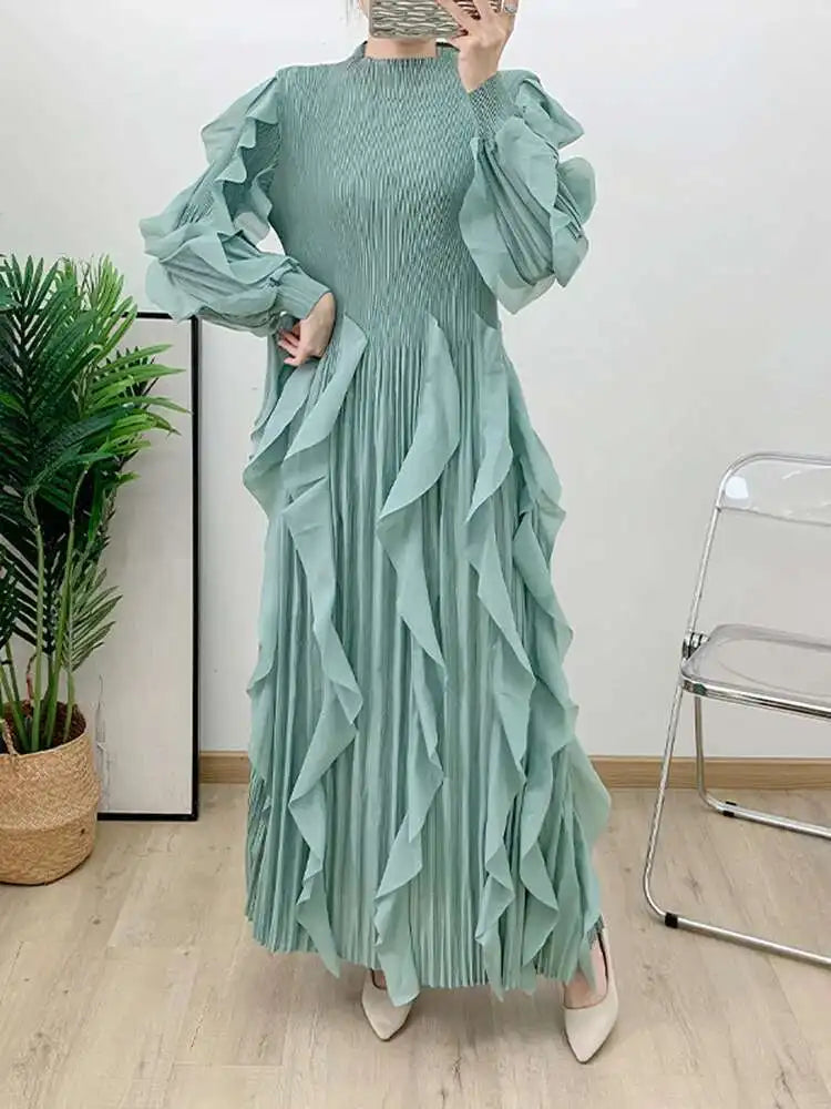 Women's Pleated Stand-Collar A-Line Dress