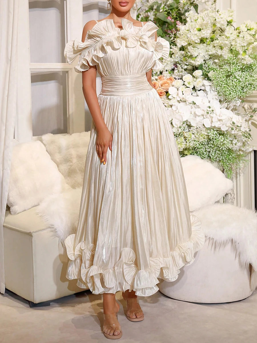 VGH Elegant Off Shoulder Ruffle Midi Maxi Dress for Women Shiny Pleated Waistband Back Zipper for Formal Prom Evening Party Gown