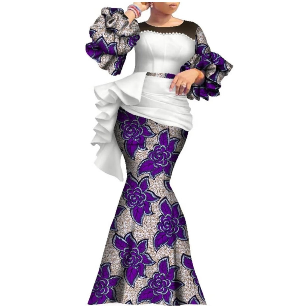 African Women's Long Dress Dashiki Traditional Costume Pearl Dresses Lantern Sleeve Ankara Wedding Party Clothing WY7769