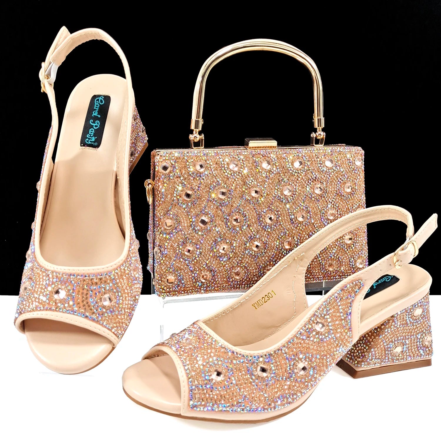 Women's Rhinestone Design Shoes and Bag Set Open Toe Comfortable Heels