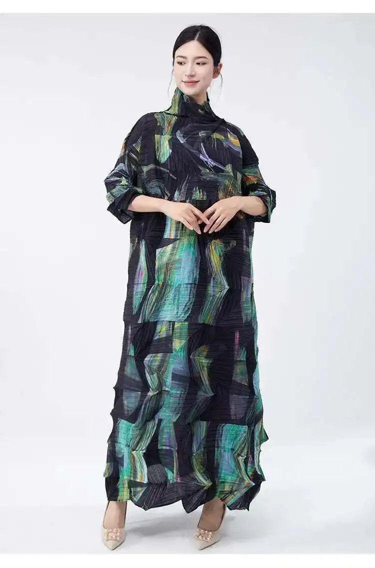 LANMREM Large Size Pleated Dress For Women Turtleneck Printing Loose Dresses Female Casual Clothing 2025 Spring New 2DB2113