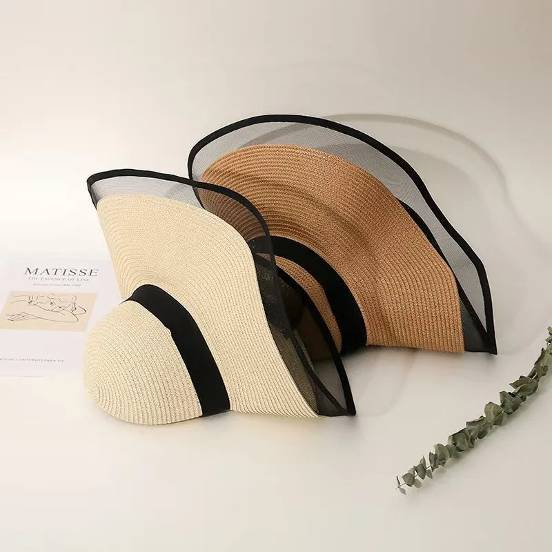 1pc Sun Hat Big Eaves Waves Beach Cap for Women,Summer Straw Hats Big Brim Sun Visors UV Foldable Bucket Panama Caps for Tralve