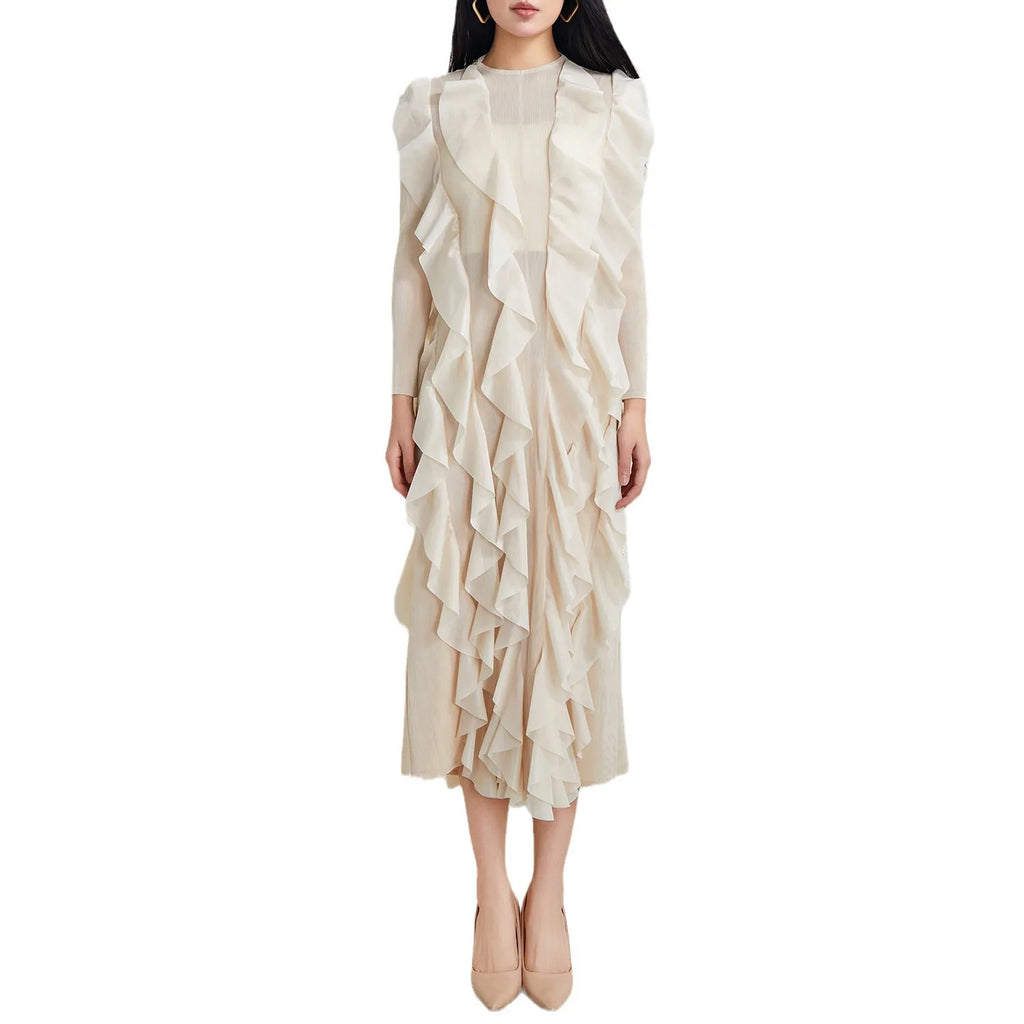 Miyake Style Pleated Dress for Women 2025 Solid Color Round Neck Long Sleeve Loose Large Size Ruffled Irregular Long Skirt