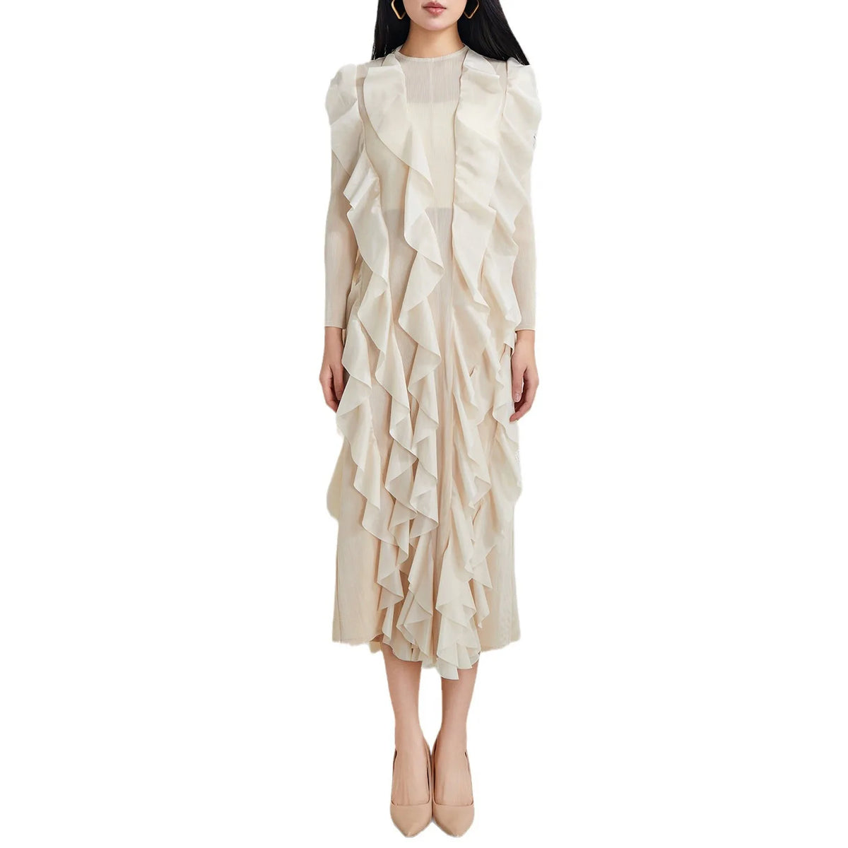 Miyake Style Pleated Dress for Women 2025 Solid Color Round Neck Long Sleeve Loose Large Size Ruffled Irregular Long Skirt