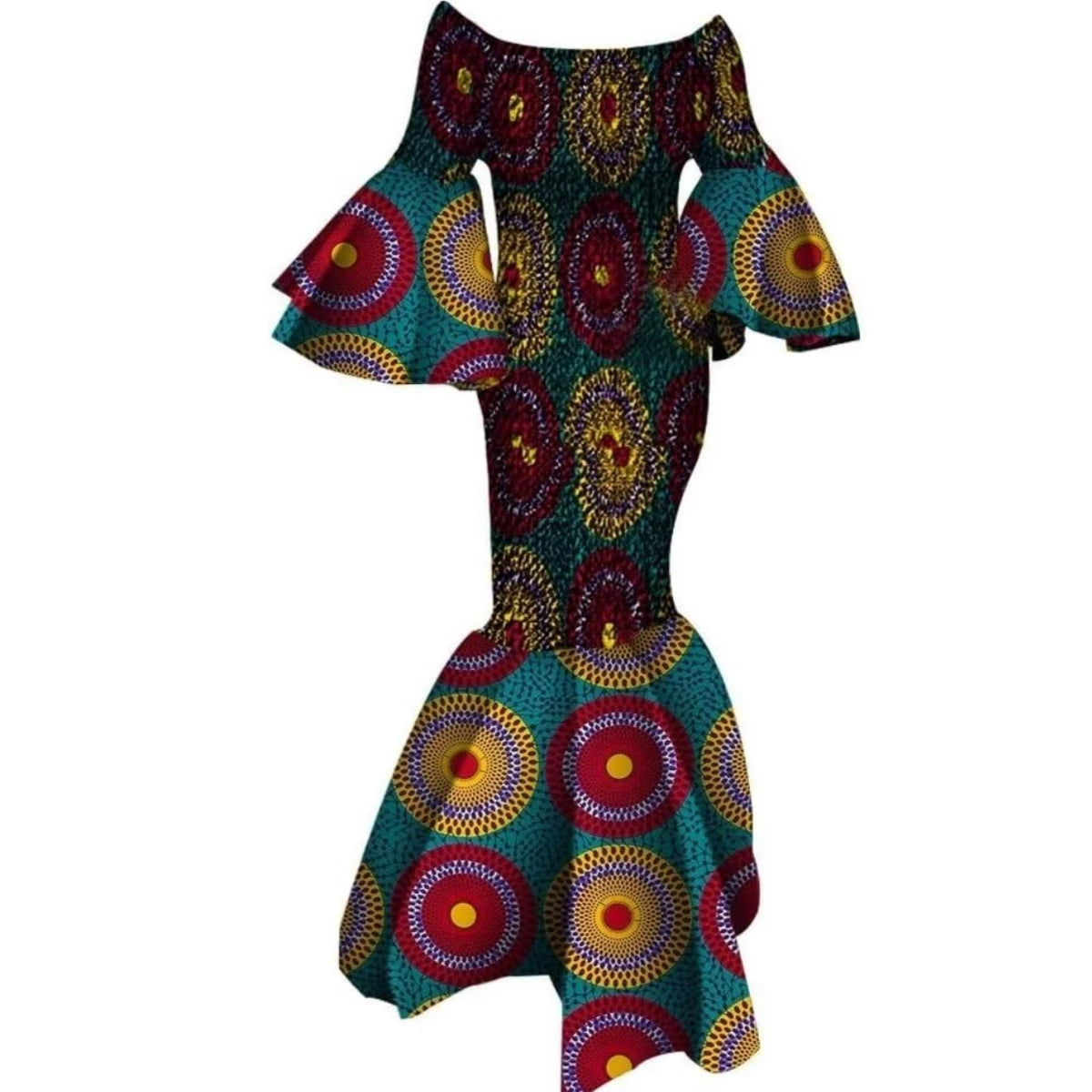 Women’s Ankara Print Ruffle Sleeve Stretch Maxi Dress – Draped | Kanga | Wedding, Party & Casual | XS–6XL + Custom | 9 Prints