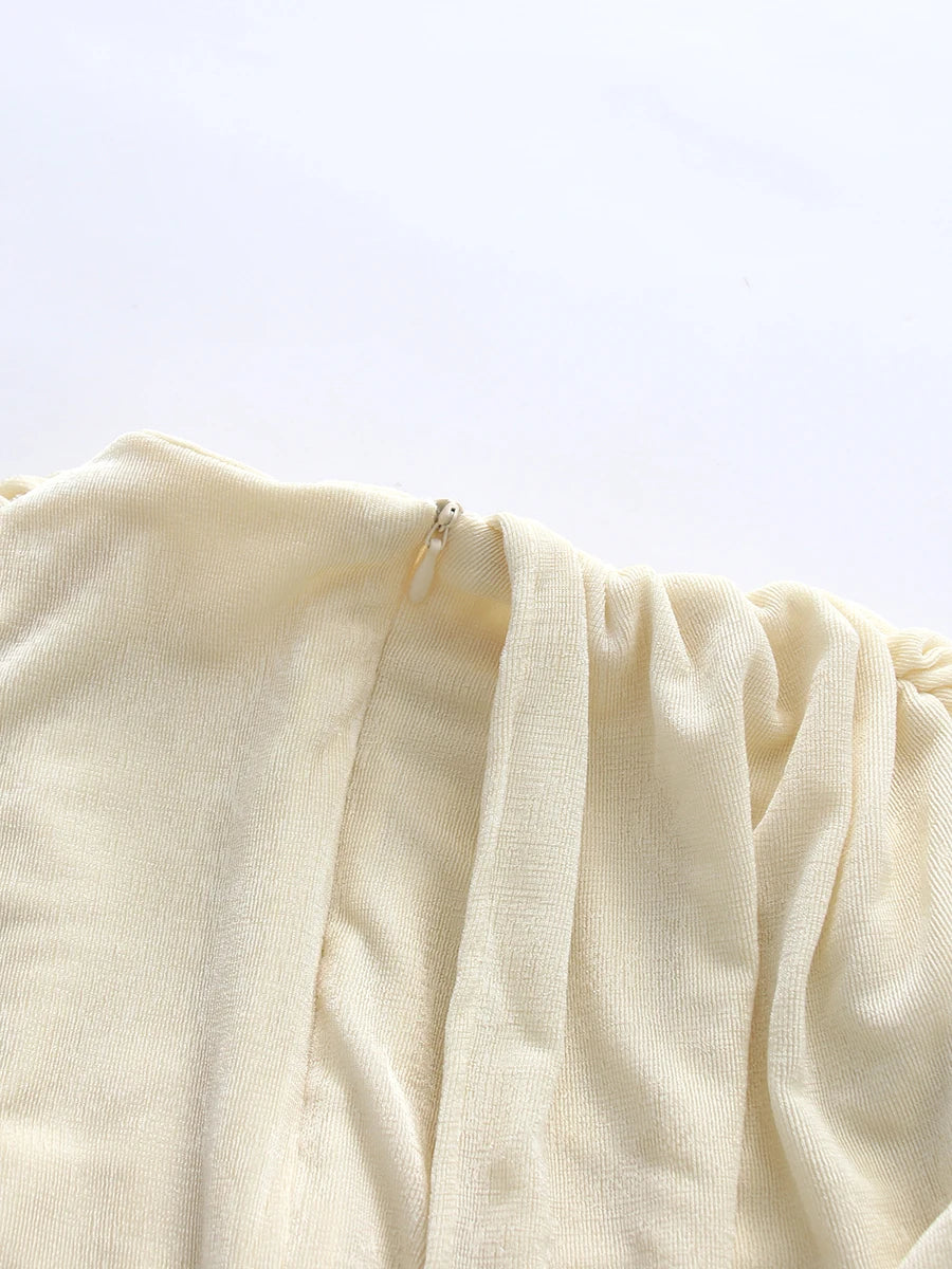 Spliced Folds Irregular Women Round Neck Long Sleeves Tunic Design Sense Long Dress