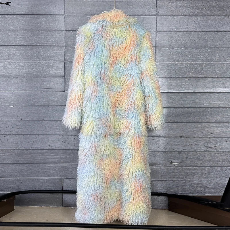 LANMREM Trendy Women's Faux Fur Coat Printed Colorful Furry Coats Autumn Winter Chic Suit Collar Thick Long Overcoat 2DB5840