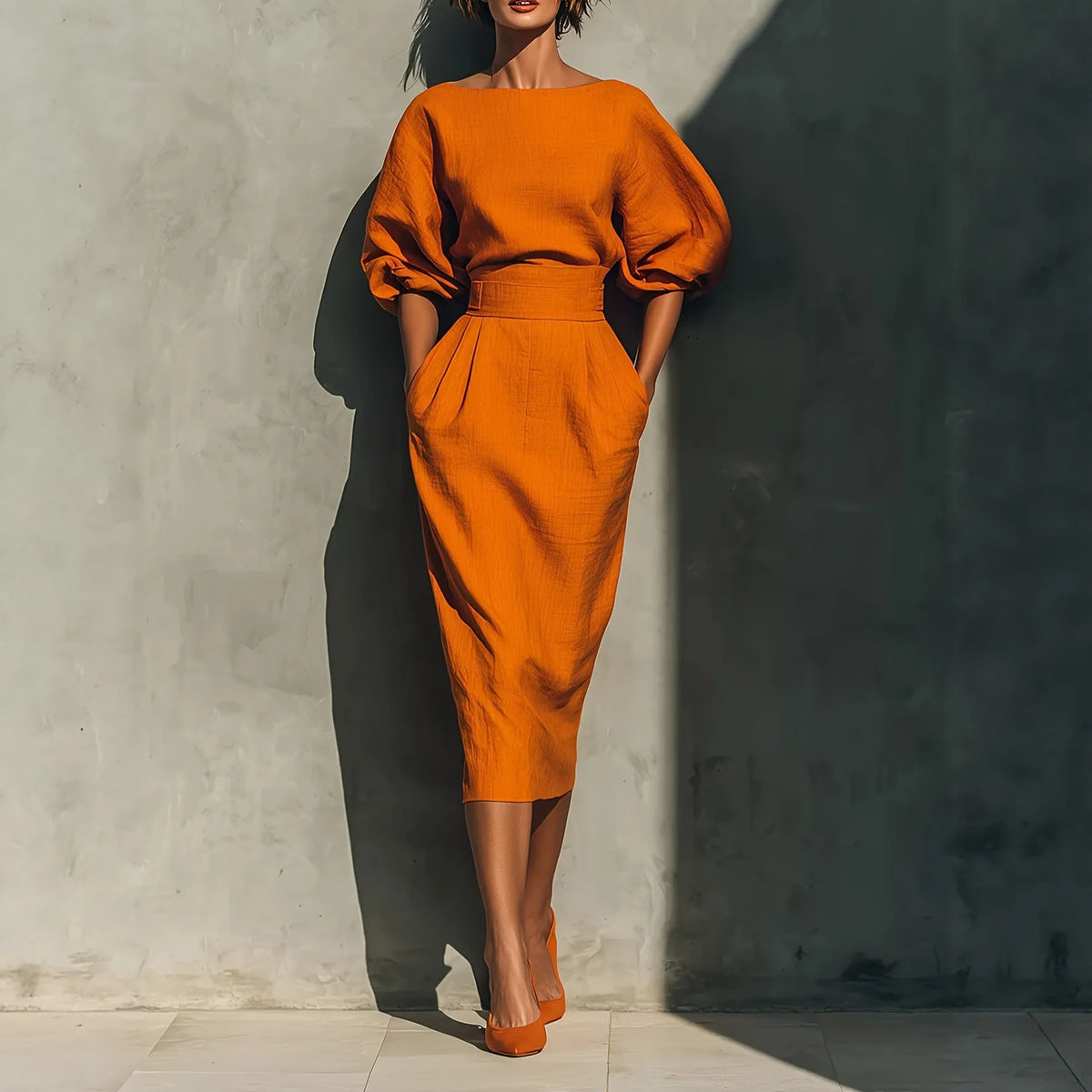 Elegant Solid Midi Dress – Lantern Sleeves | Boat Neck | Pockets | Mermaid Hem | S–XXXL | Burgundy, Black & Orange