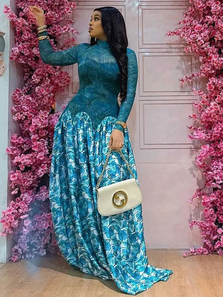 Robe longue femme automne bleu clair, manches longues, taille ajustée, col mi-montant, chic élégante, tenue de soirée