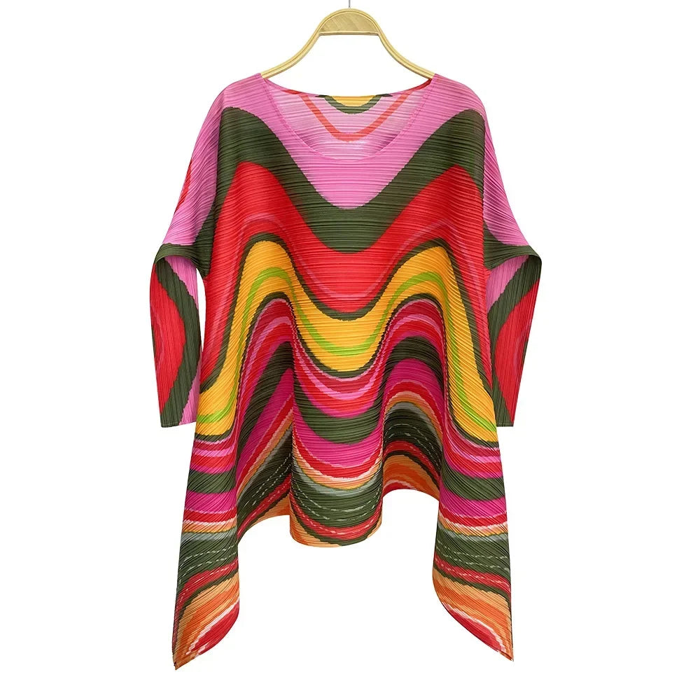 2025 Spring New Women's 2 Piece Set Miyake Pleated Top Fashion Stripe Age Reducing Suit Fashionable Matching Printed Half Skirt