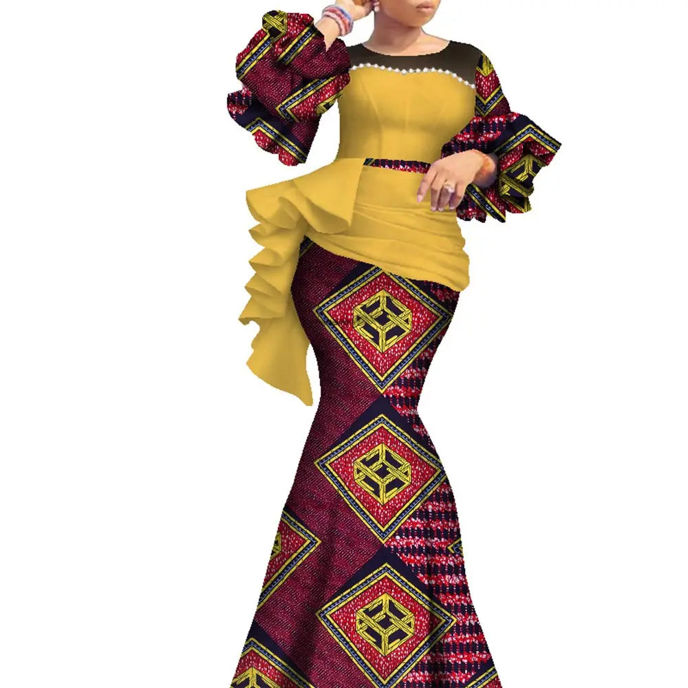 Women’s Ankara Print Lantern Sleeve Maxi Dress – Dashiki | Pearl Detail | Cotton Wax | Wedding & Party | XS–6XL + Custom | 14 Prints