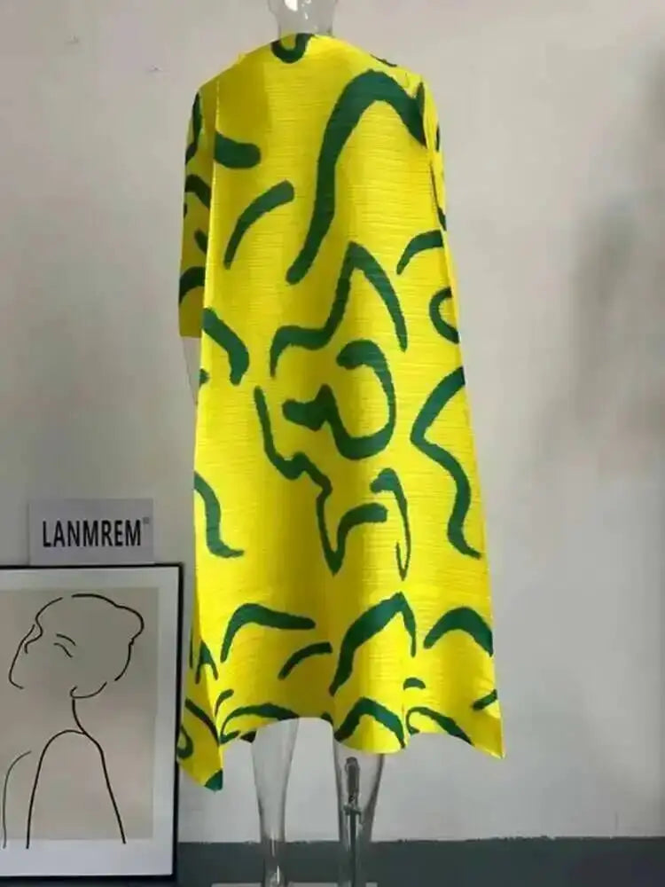 LANMREM Color Block Pleated Dress Women Loose Style Long Length Fashion Dresses Festival Clothes 2024 Spring Summer New 2DA1028