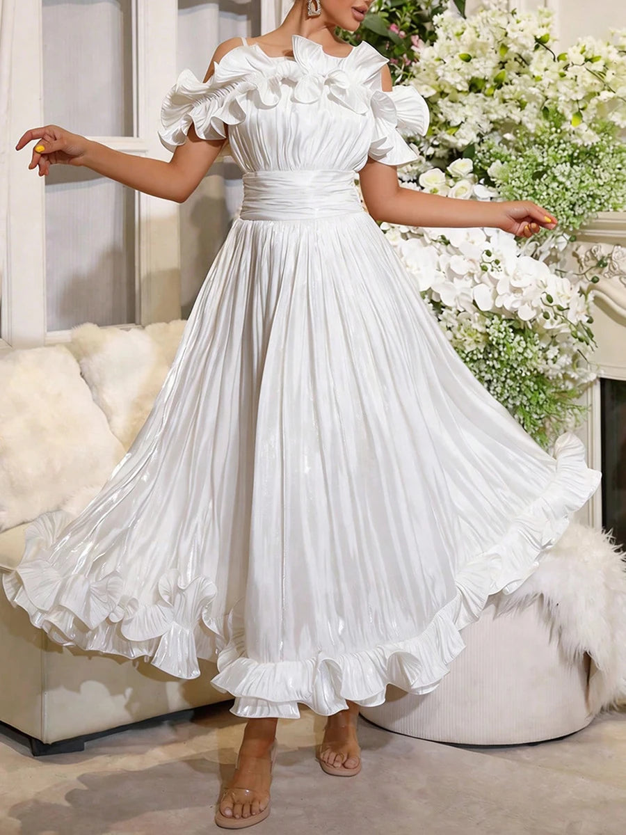 VGH Elegant Off Shoulder Ruffle Midi Maxi Dress for Women Shiny Pleated Waistband Back Zipper for Formal Prom Evening Party Gown