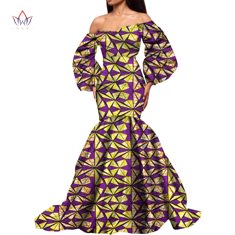 Dashiki African Dresses for Women Daily Party Wedding African Women Dresses Floor-Length Long Puff Sleeve Bandeau Dress Kg1092