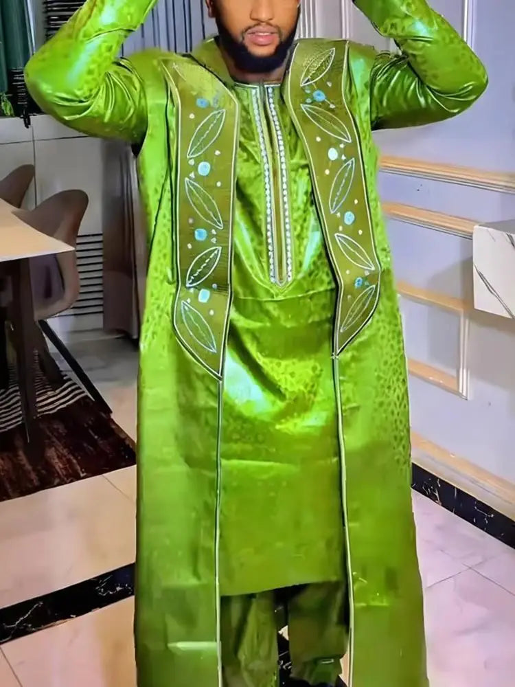 African Clothes for Men Bazin Riche Embroidery Design Long Sleeve Tops And Pants Suits 3 PCS Traditional Purple Outfit