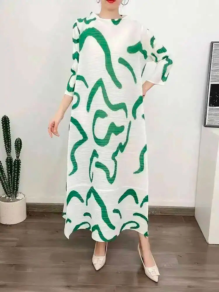 LANMREM Color Block Pleated Dress Women Loose Style Long Length Fashion Dresses Festival Clothes 2024 Spring Summer New 2DA1028