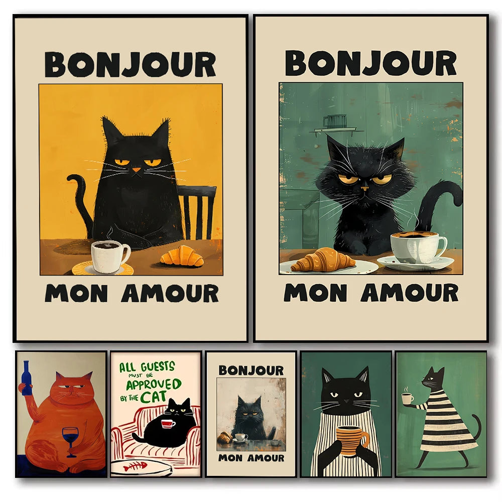 Black Cat & Dog Canvas Wall Art | Mid-Century Home Decor Gift | HotTrendyPicks