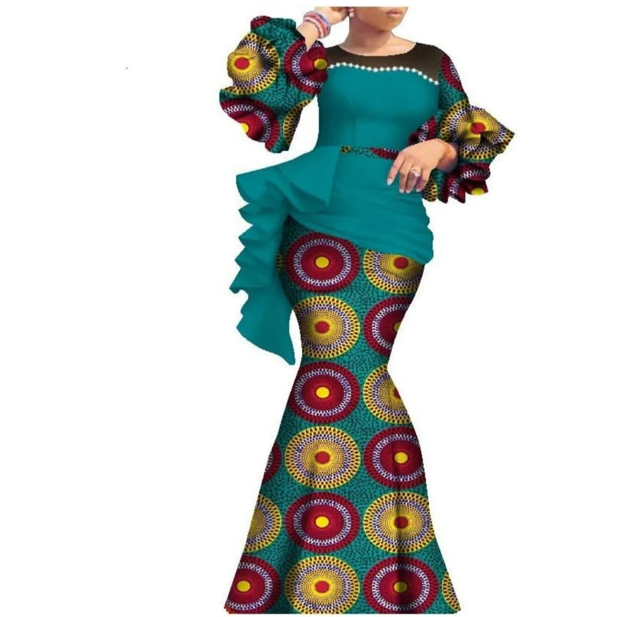 Women’s Ankara Print Lantern Sleeve Maxi Dress – Dashiki | Pearl Detail | Cotton Wax | Wedding & Party | XS–6XL + Custom | 14 Prints