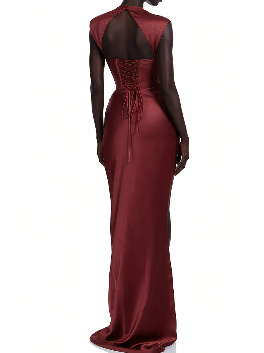 VGH Solid Fashion Satin Cowl Neck Maxi Dress For Women Sleeveless Ruched Waist Mermaid Hem Elegant Evening Banquet Chic Outfit