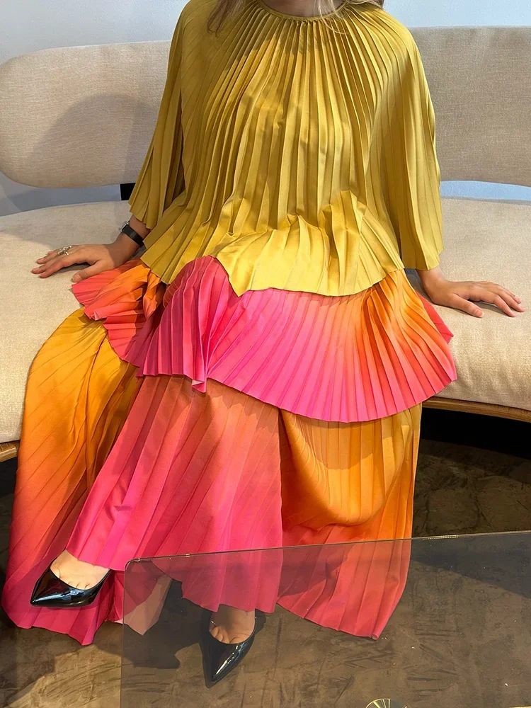 Women's Gradient Pleated Two-Piece Set | Irregular Top & High-Waist A-Line Skirt | Plus Size | AvantBah