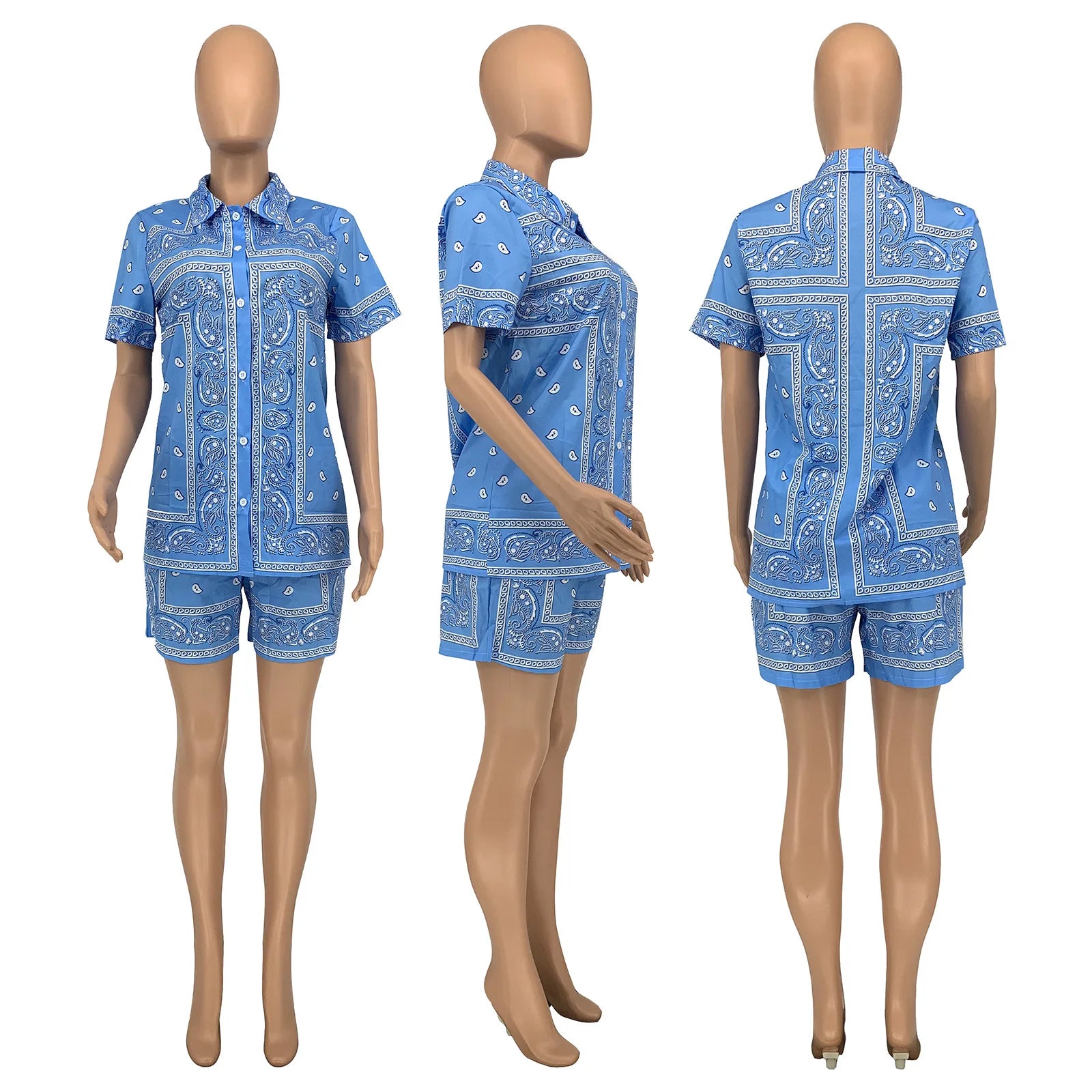 Fashion Paisley Bandana Print 2 Two Piece Sets Women Tracksuit Short Sleeve Shirt + Shorts Sets Female Outfits Matching
