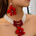 Necklace Big Red Flowers Pendant 3 Layers of Pearl Chain Women Girls Gifts