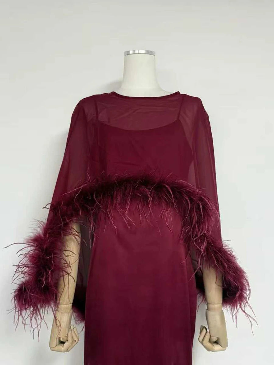 VGH Formal Feather Cape Sleeve Maxi Dress for Women O Neck Spaghetti Strap Floor Length Long Evening Prom Cocktail Party Gown