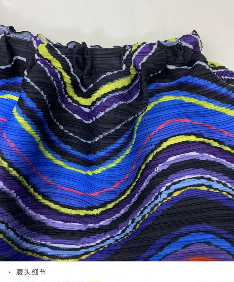 2025 Spring New Women's 2 Piece Set Miyake Pleated Top Fashion Stripe Age Reducing Suit Fashionable Matching Printed Half Skirt