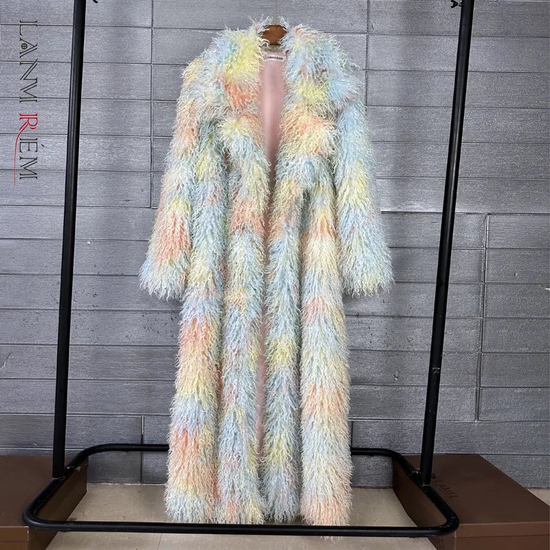 LANMREM Trendy Women's Faux Fur Coat Printed Colorful Furry Coats Autumn Winter Chic Suit Collar Thick Long Overcoat 2DB5840