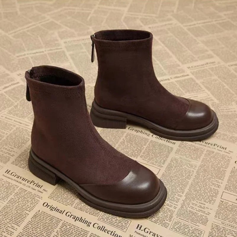 Women Patchwork Suede Ankle Boots Back Zipper Chunky Platform Heel Short Boots Fashion Autumn Winter Botas Mujer