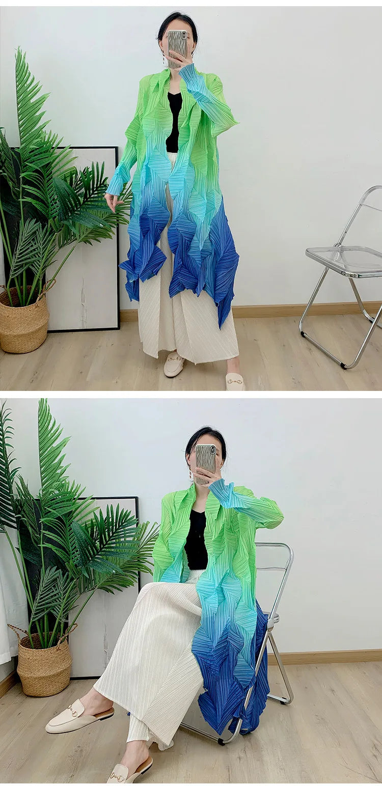 Women's Miyake Pleated Gradient Cardigan Cape Jacket | Loose Mid-Length Autumn Coat 2025 | AvantBah