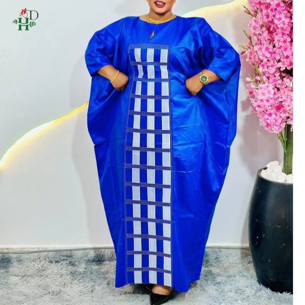 African Plus Size Kaftan Dress | Bazin Embroidery Puff Sleeve Muslim Robe | Wedding & Church