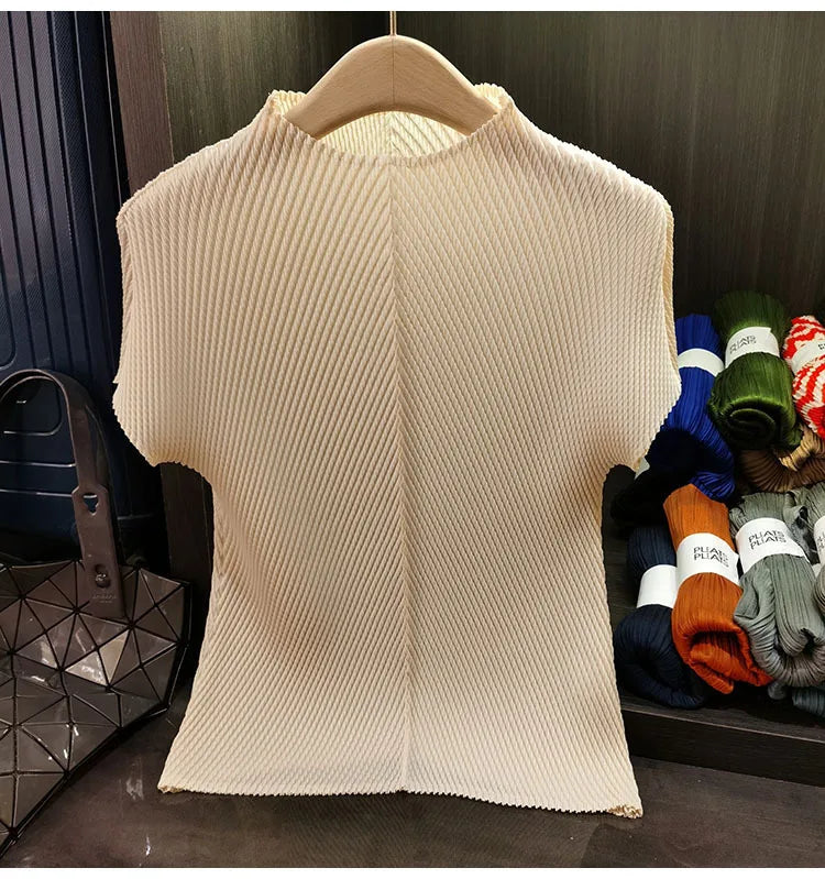 LANMREM Stand Collar Dragon Scale Pleated T-shirt High-end Versatile Slimming Short Sleeved Women's Summer Pullover Tops 2DB3044