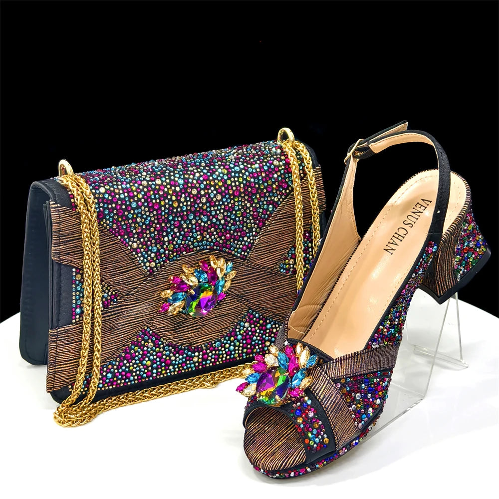 Elegant Women's Peep-Toe Heels and Matching Wine Color Diamond Pumps Set - Stylish Italian Shoes and Bags for Parties