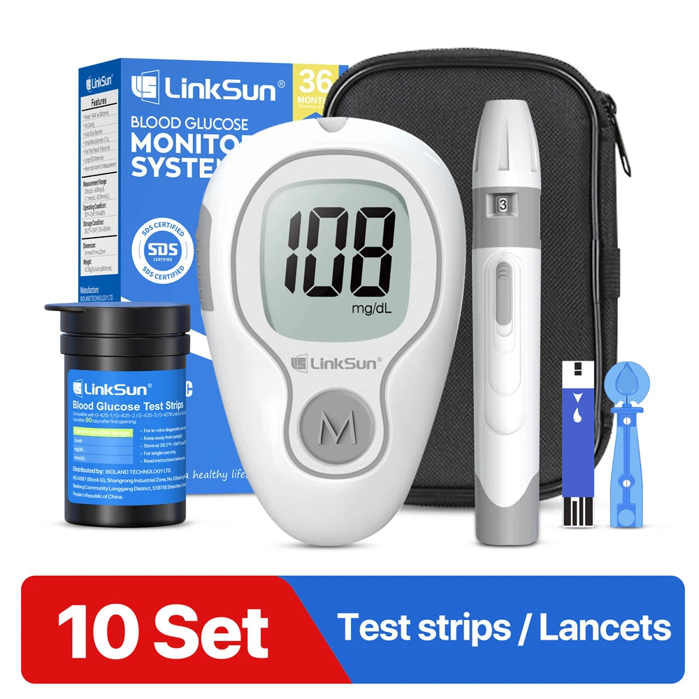 LinkSun G-425-3 Lecteur de glycémie Glucomètre Kit complet médical pour diabète Moniteur de glycémie Bandelettes de test de glucose
