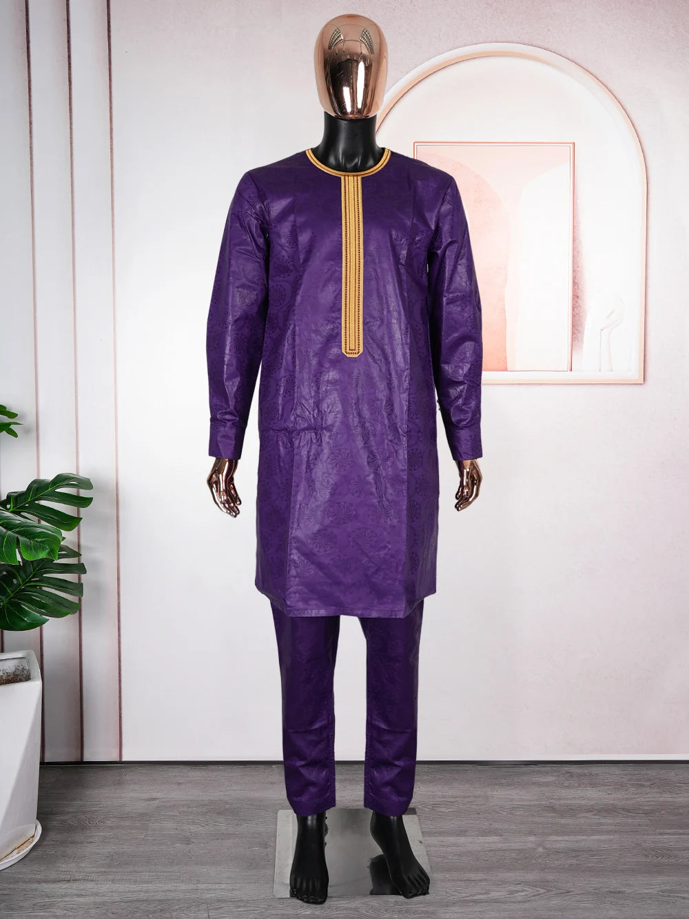 African Clothes for Men Bazin Riche Embroidery Design Long Sleeve Tops And Pants Suits 3 PCS Traditional Purple Outfit