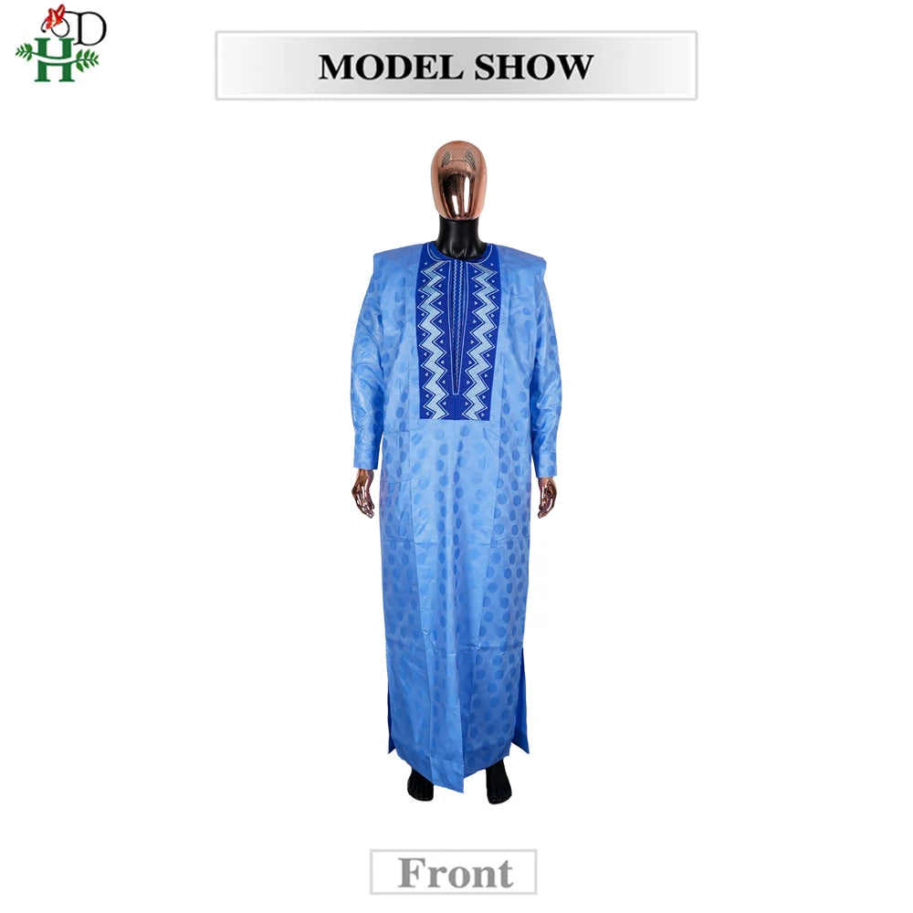H&D 2026 African Clothing For Man Traditional Agbada Sets 3PCS Blue Thobe Pant Suits Bazin Riche Embroidery Wedding Party Dress