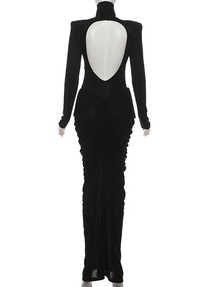 Weird Puss Autumn New Style Maxi Dress Women Turtleneck Full Sleeve Backless Skinny Stretch  Prom Party Ruched Elegant Vestidos