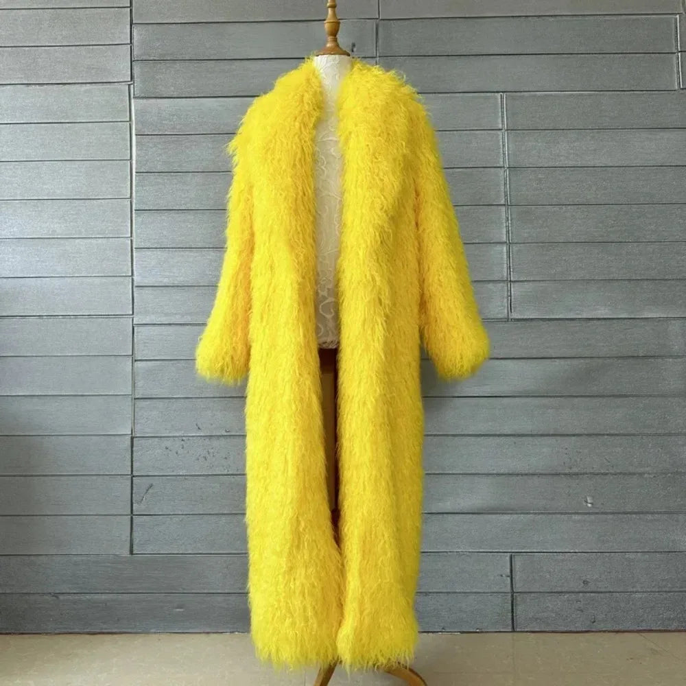 Veste en fausse fourrure femme, manteau long épais et duveteux pour l'hiver, shaggy, ouvert, col rabattu, streetwear