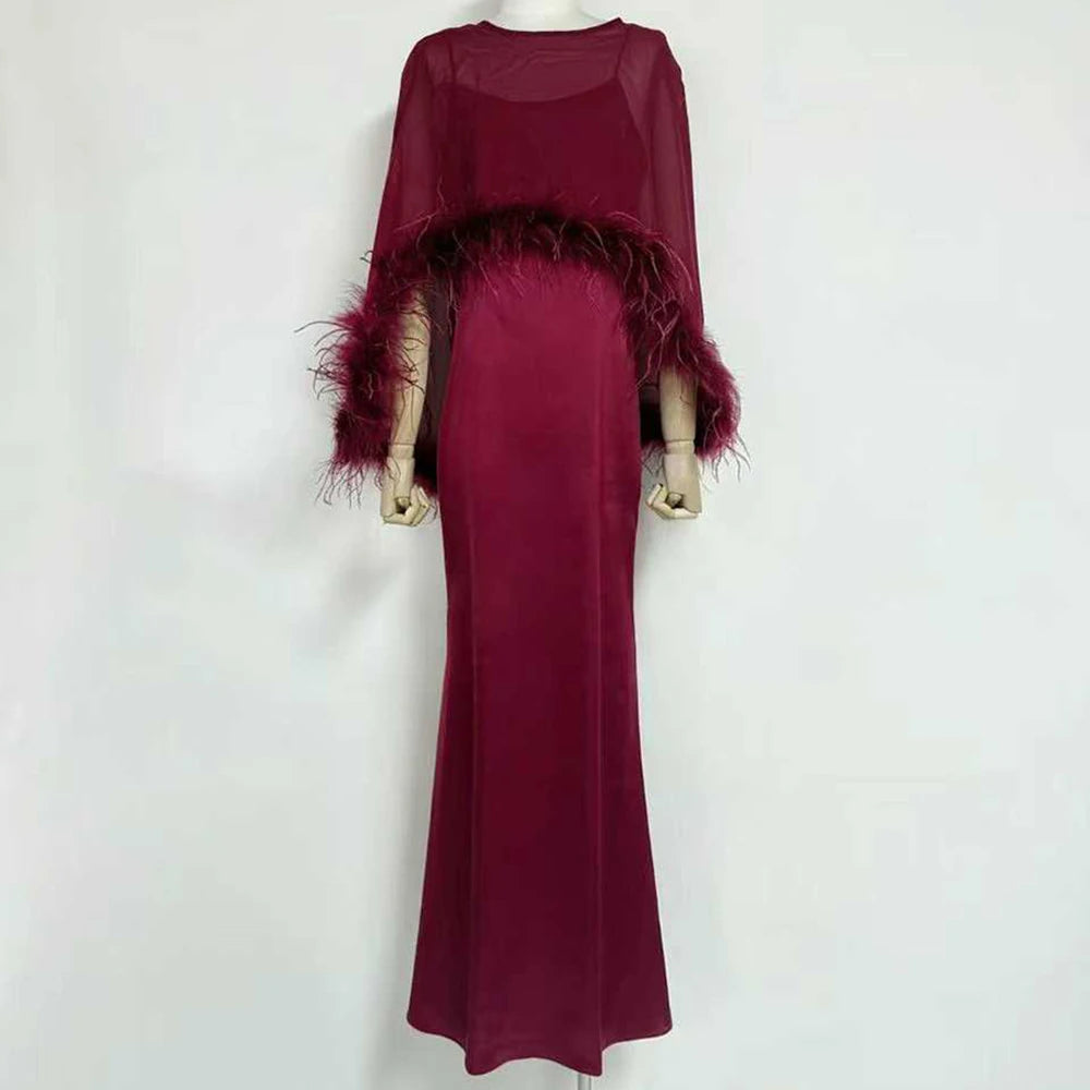 Feather Cape Sleeve Maxi Dress – Formal Floor-Length Gown