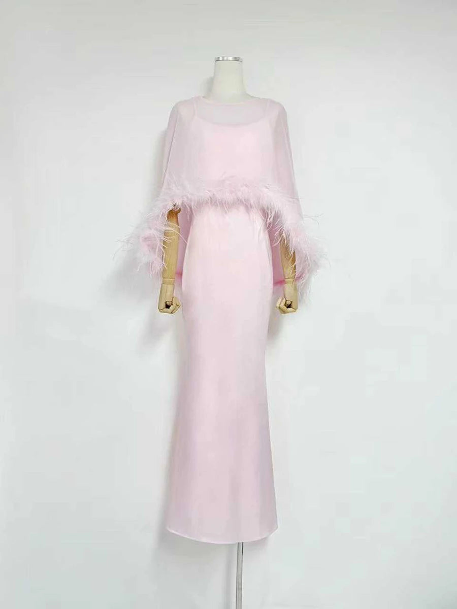 VGH Formal Feather Cape Sleeve Maxi Dress for Women O Neck Spaghetti Strap Floor Length Long Evening Prom Cocktail Party Gown