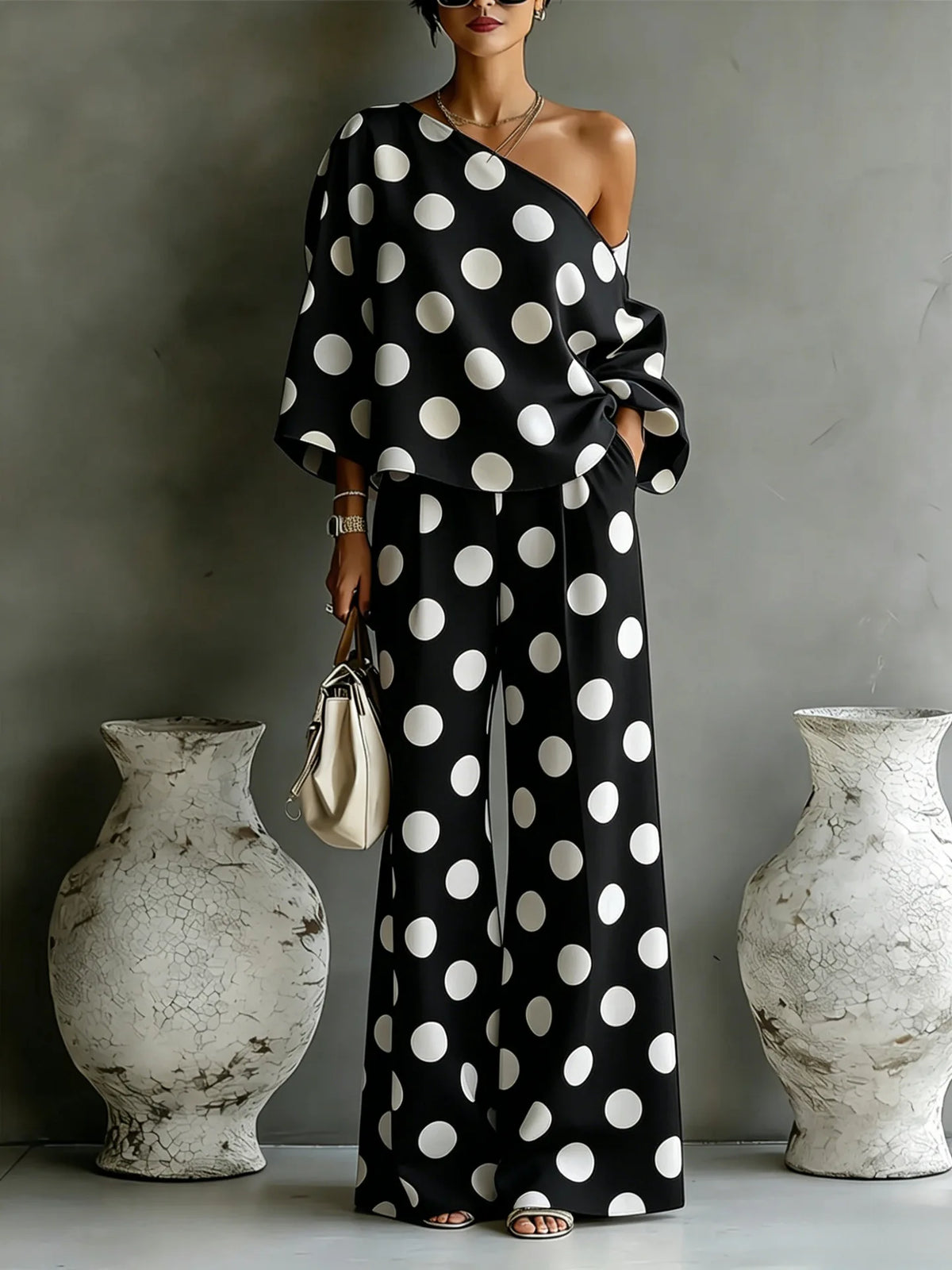Women's Polka Dot Two-Piece Set — Slant Shoulder Top & High Waist Wide Leg Trousers
