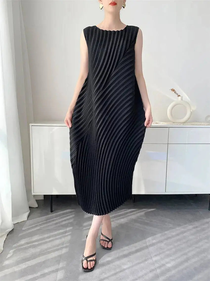 LANMREM Handmade Pleated Women's Sleeveless Summer Dress Wave Pattern Irregular Loose O-neck Mid-Length Pleated Dresses 2DB4814