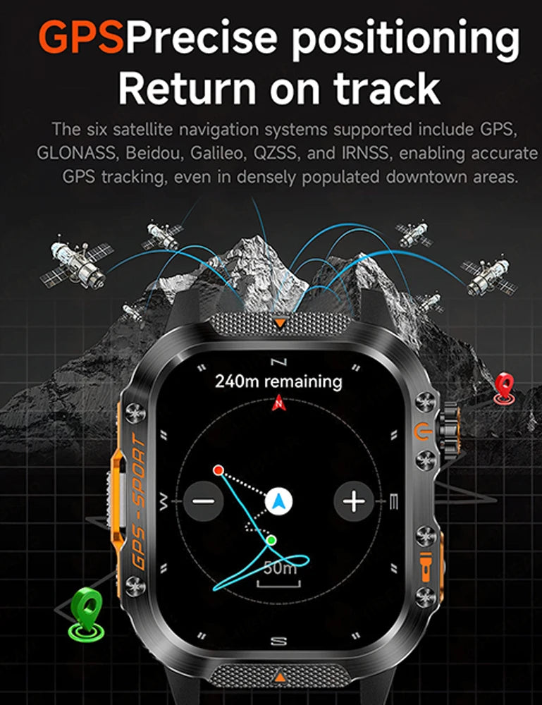 Military GPS Smartwatch Men | 2.01" AMOLED Flashlight Bluetooth 3ATM Waterproof